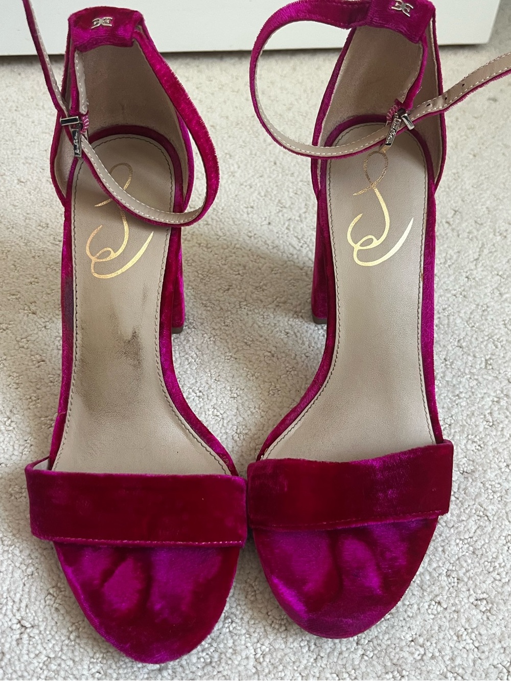 Sam Edelman Fuchsia Velvet Ankle-Strap Block Heels